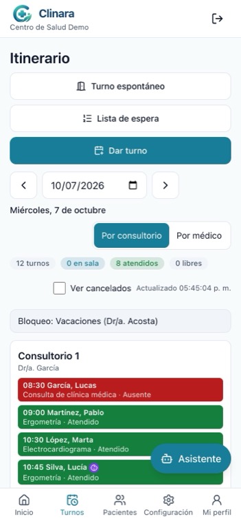 El itinerario del día en el celular, por consultorio.